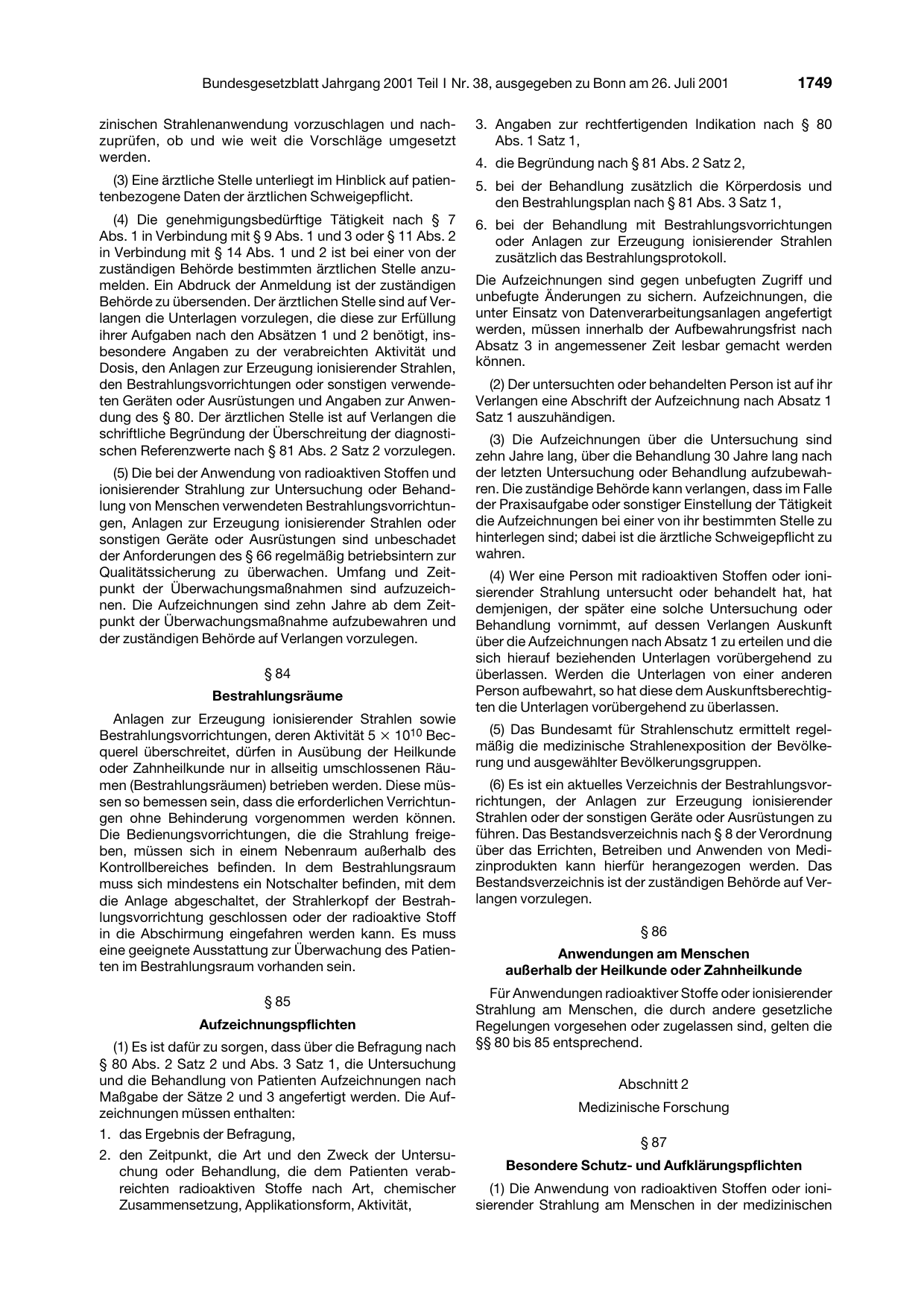 BGBl. 2001, Seite 1749 — Originalseite als Abbildung