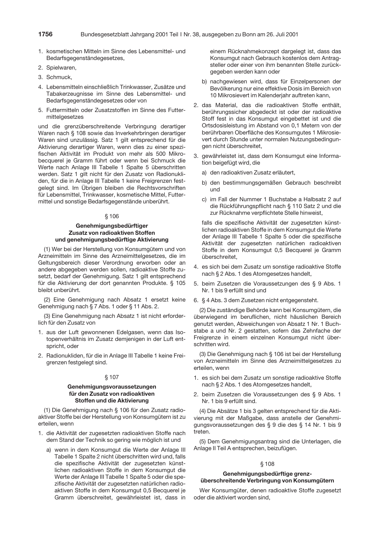 BGBl. 2001, Seite 1756 — Originalseite als Abbildung
