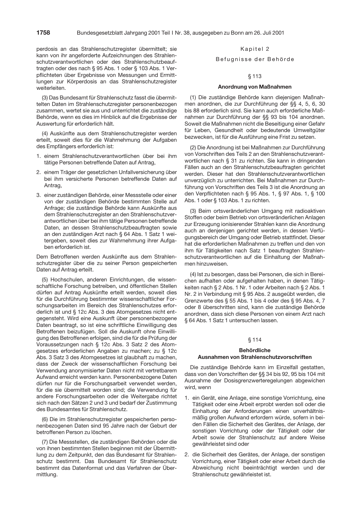 BGBl. 2001, Seite 1758 — Originalseite als Abbildung