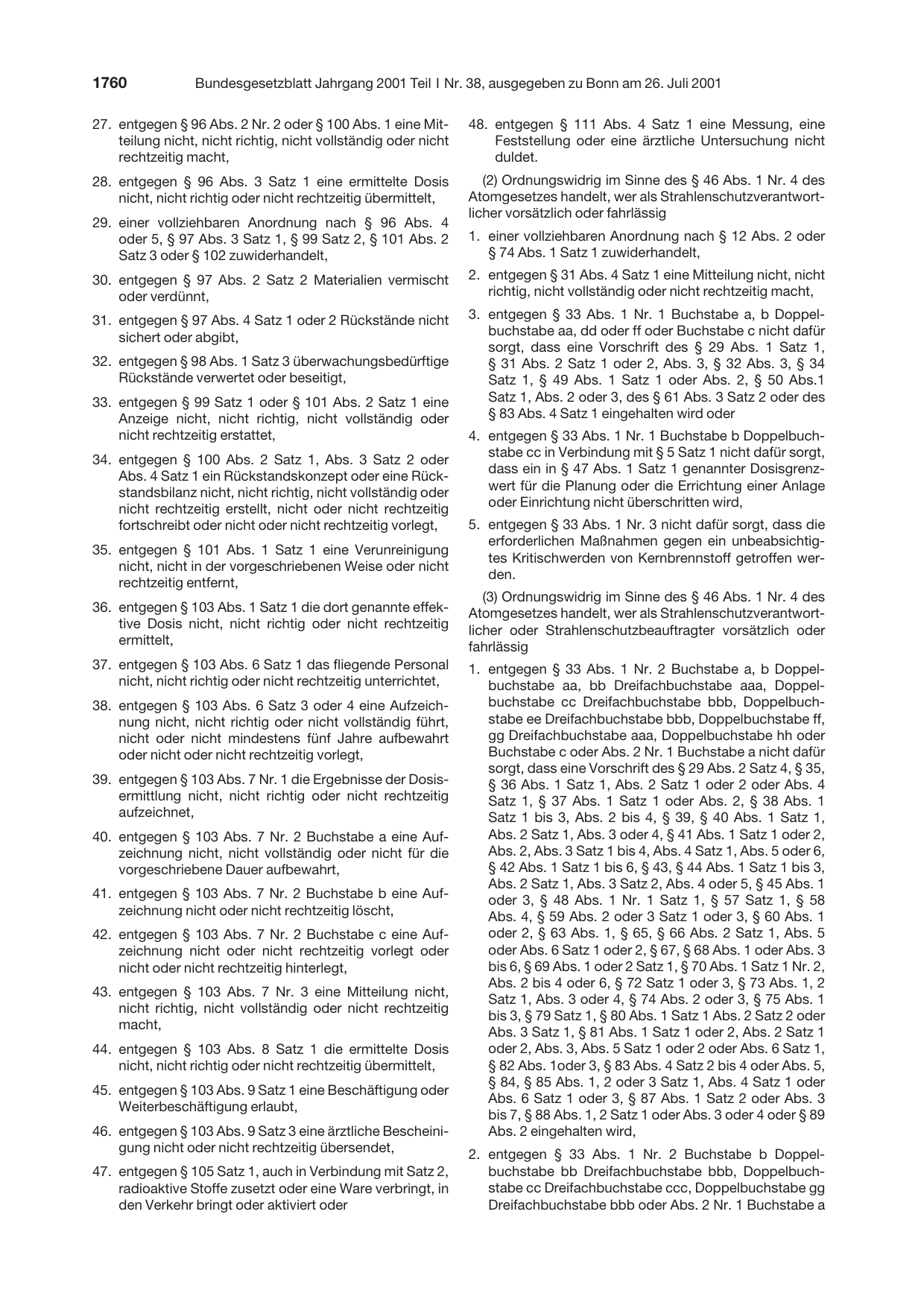 BGBl. 2001, Seite 1760 — Originalseite als Abbildung