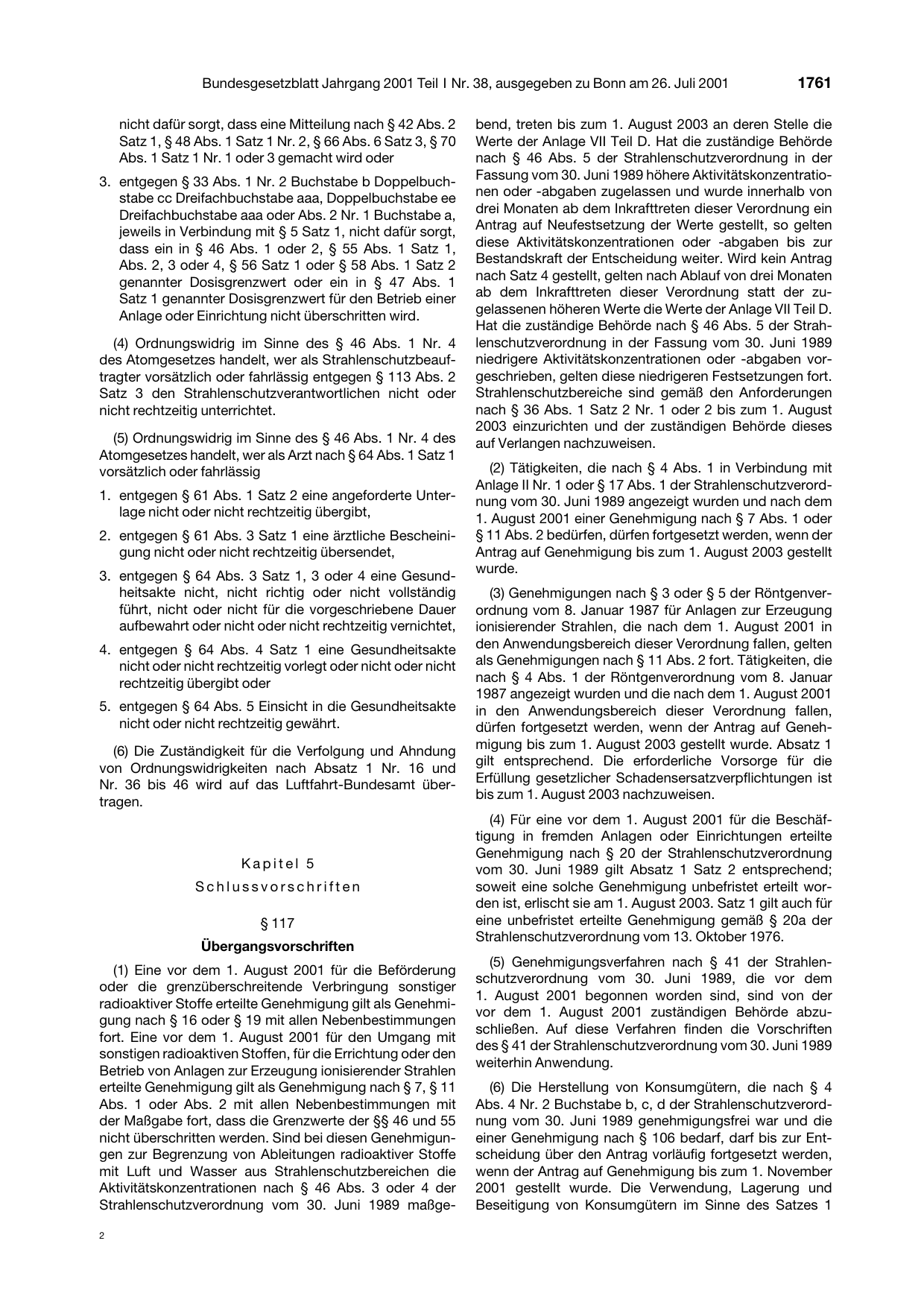 BGBl. 2001, Seite 1761 — Originalseite als Abbildung