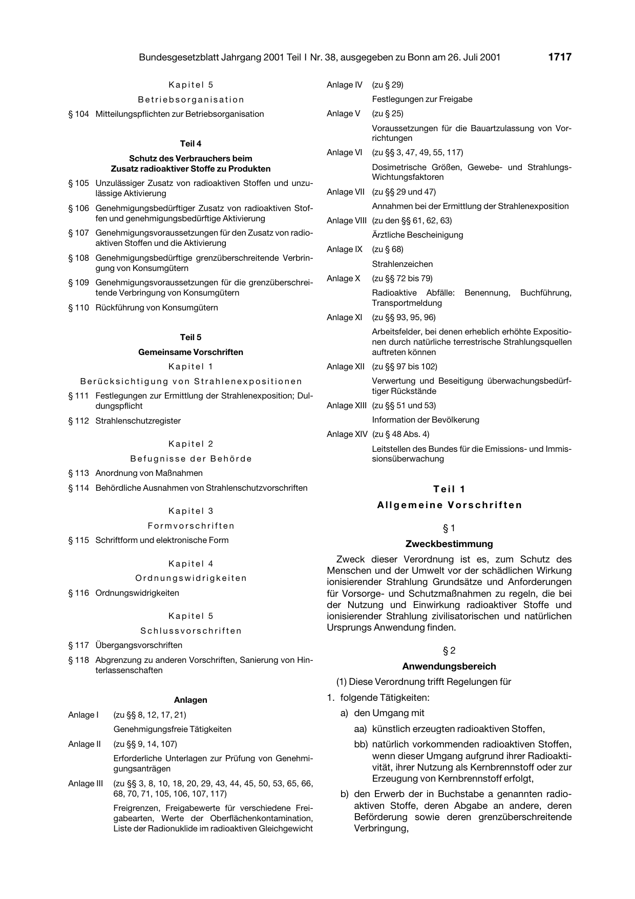 BGBl. 2001, Seite 1717 — Originalseite als Abbildung