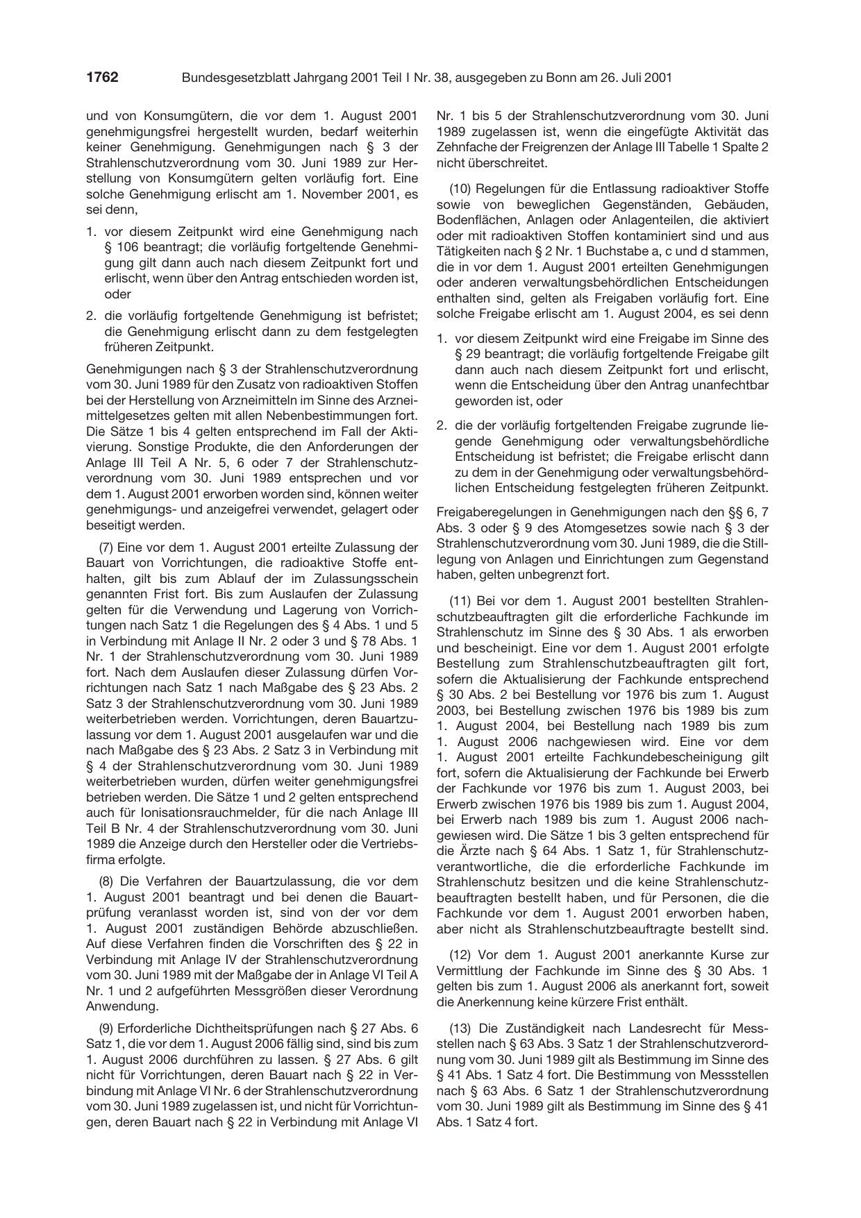 BGBl. 2001, Seite 1762 — Originalseite als Abbildung