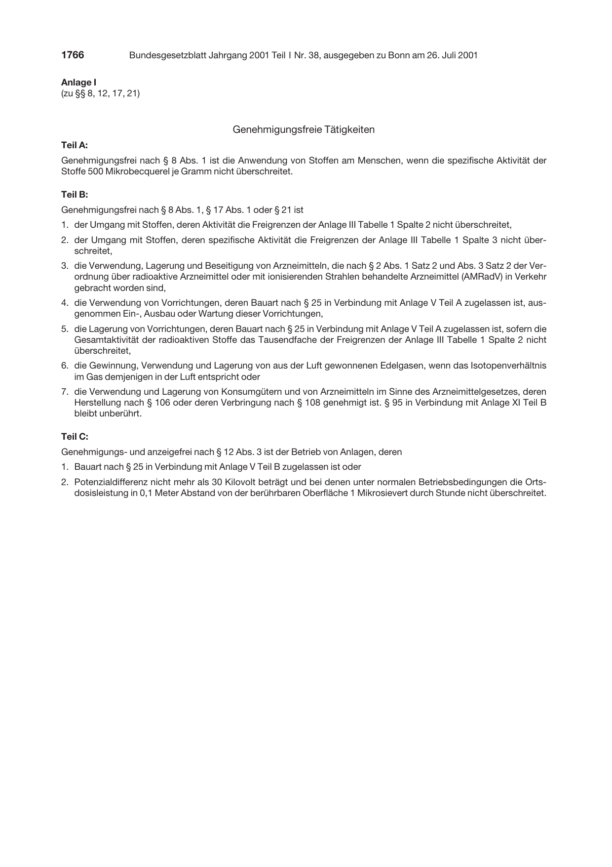 BGBl. 2001, Seite 1766 — Originalseite als Abbildung
