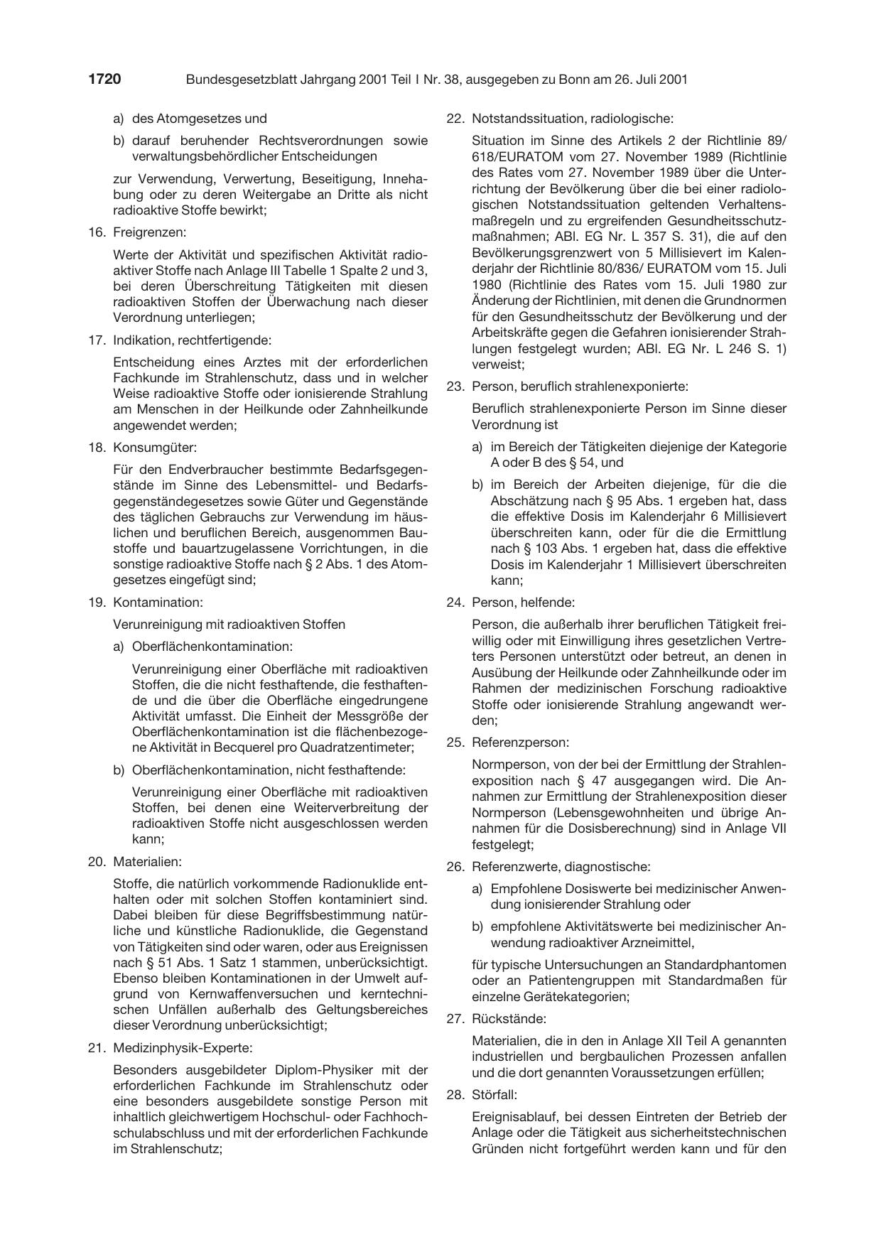 BGBl. 2001, Seite 1720 — Originalseite als Abbildung