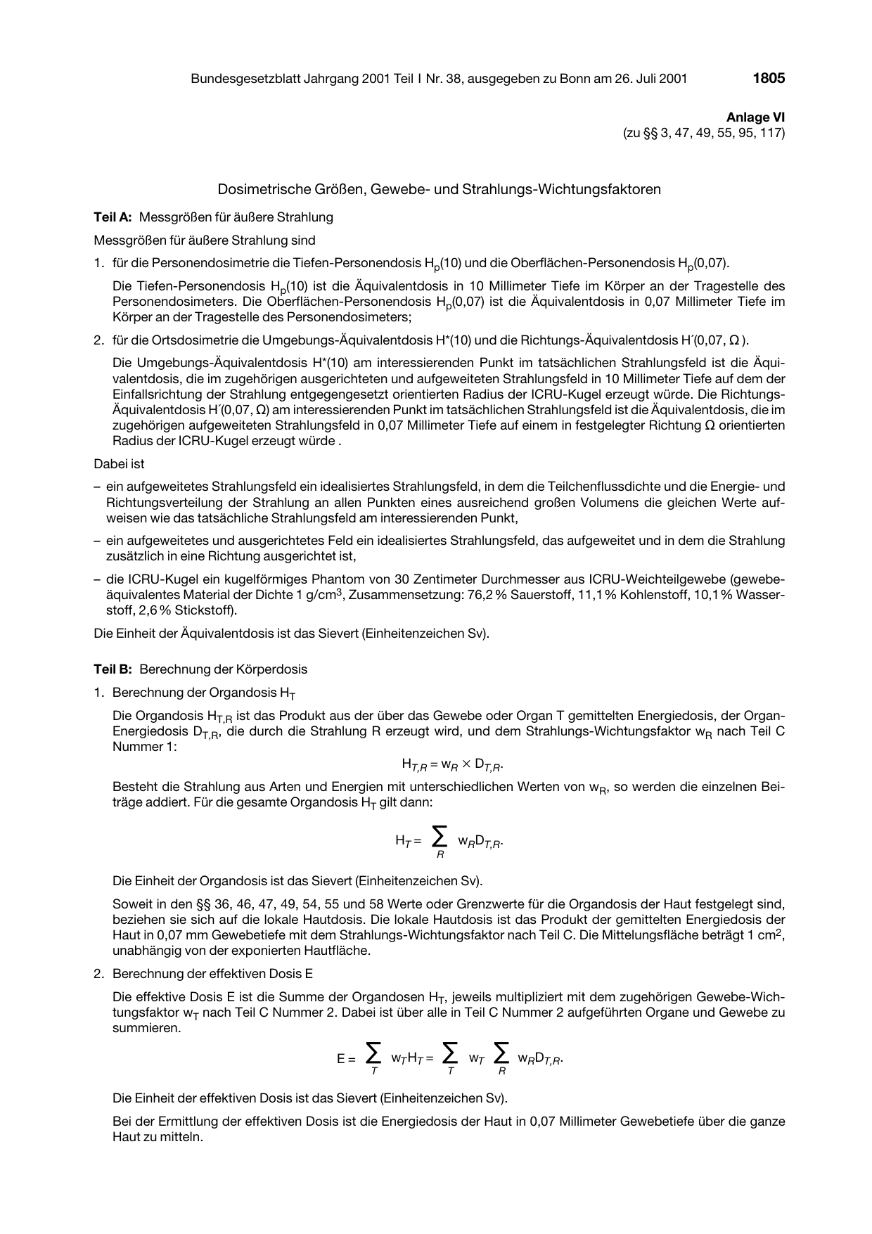 BGBl. 2001, Seite 1805 — Originalseite als Abbildung