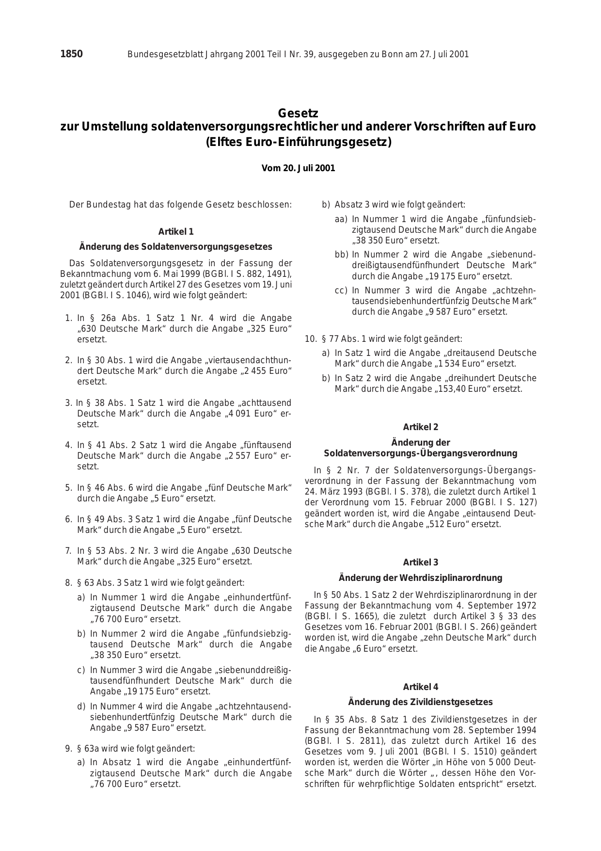 BGBl. 2001, Seite 1850 — Originalseite als Abbildung
