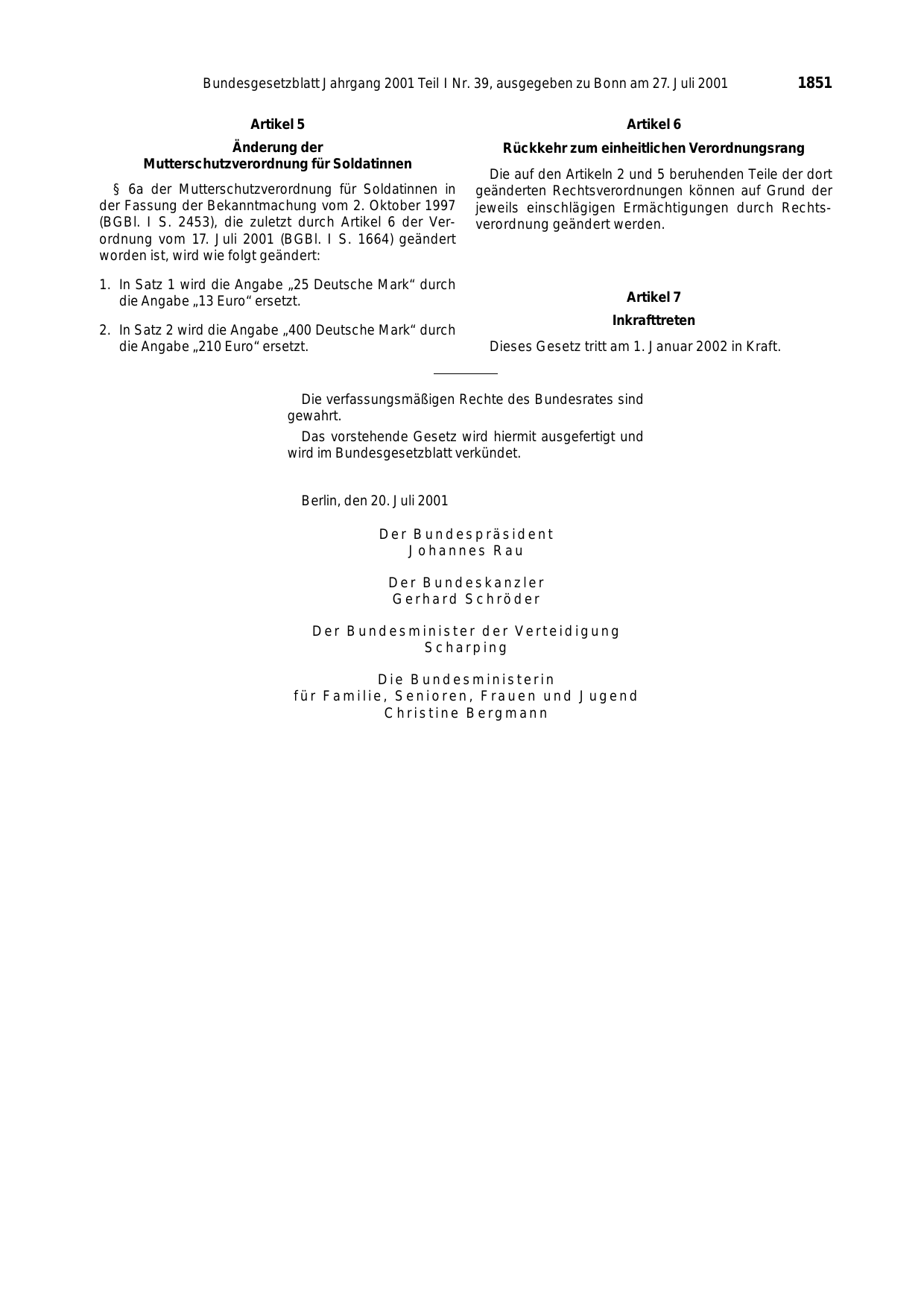 BGBl. 2001, Seite 1851 — Originalseite als Abbildung