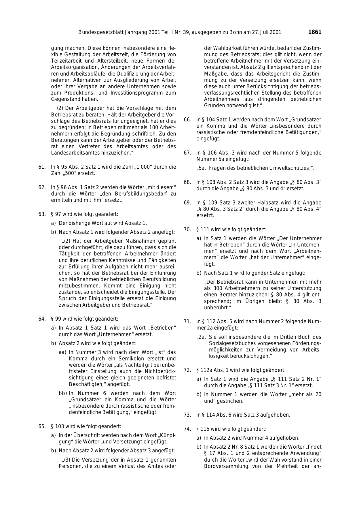 BGBl. 2001, Seite 1861 — Originalseite als Abbildung