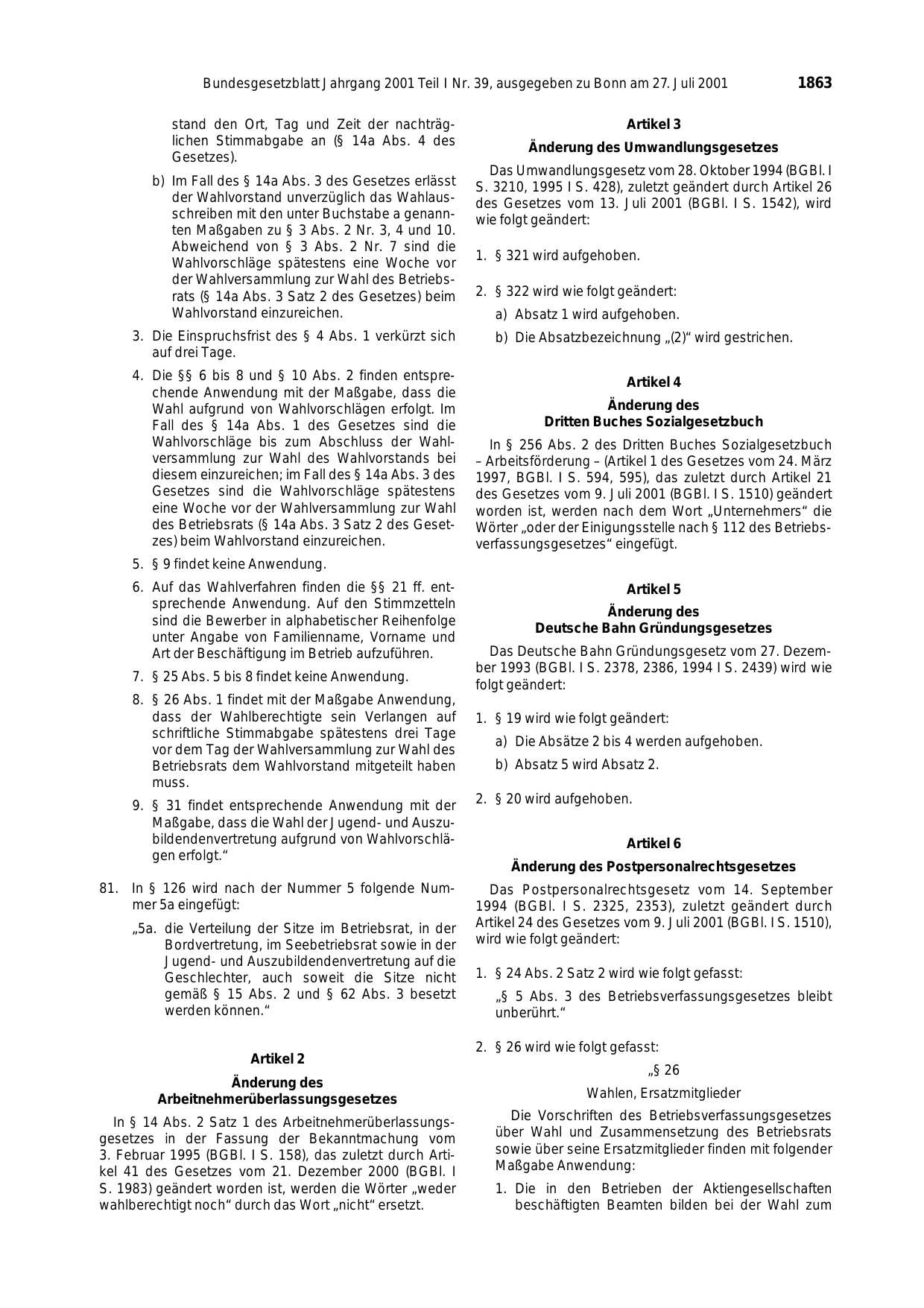 BGBl. 2001, Seite 1863 — Originalseite als Abbildung