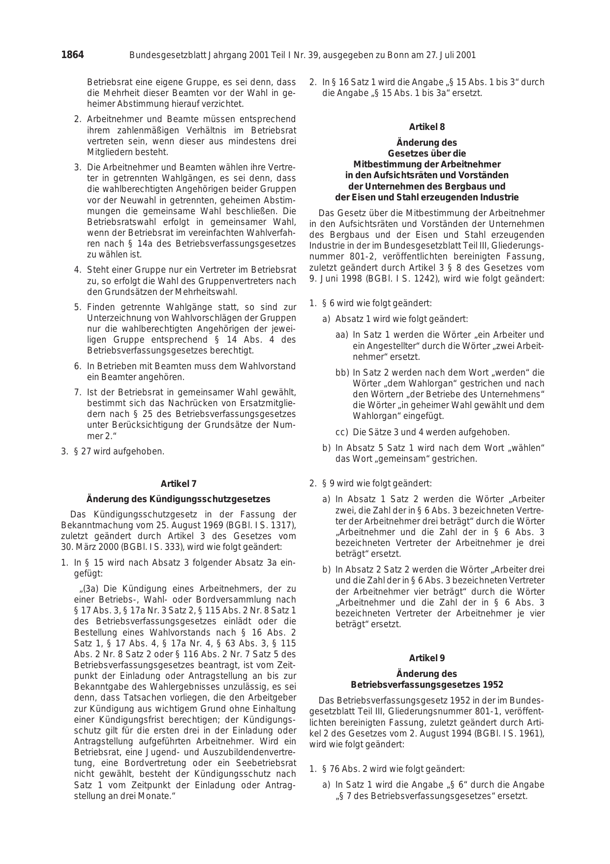 BGBl. 2001, Seite 1864 — Originalseite als Abbildung