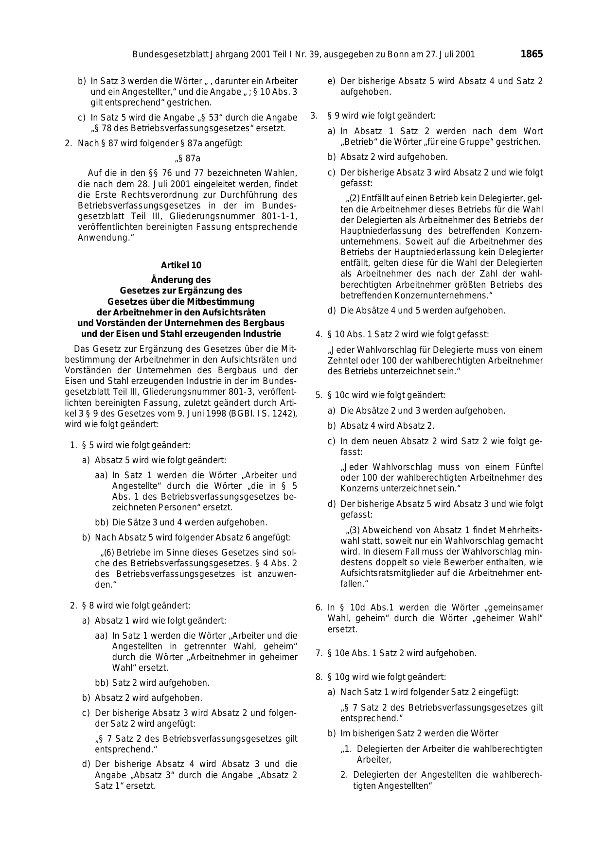 BGBl. 2001, Seite 1865 — Originalseite als Abbildung