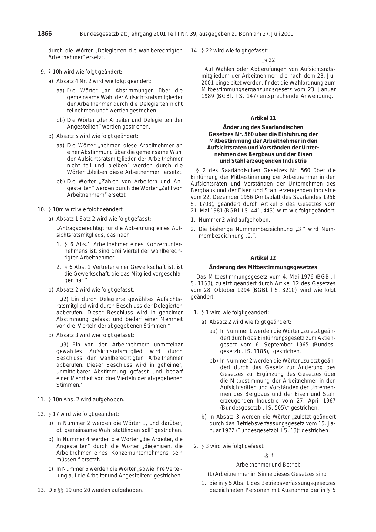 BGBl. 2001, Seite 1866 — Originalseite als Abbildung