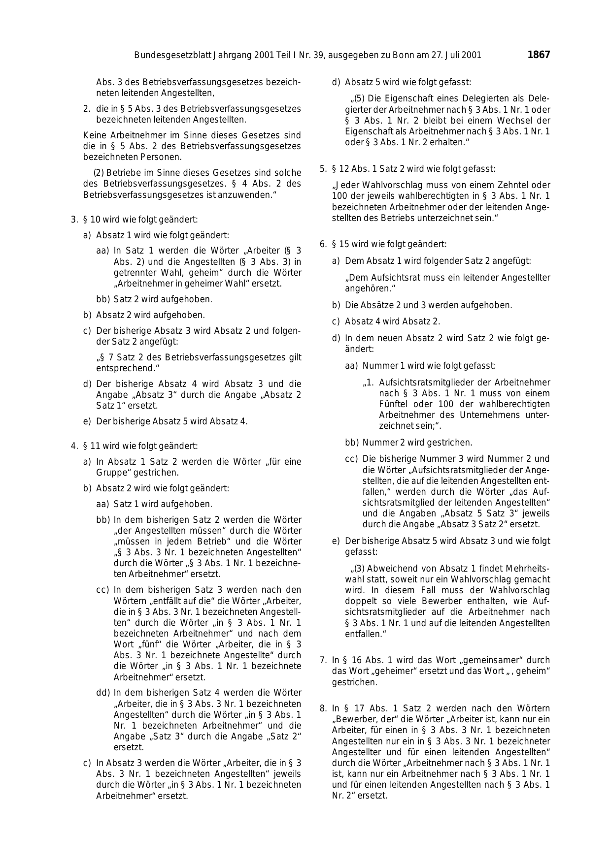 BGBl. 2001, Seite 1867 — Originalseite als Abbildung