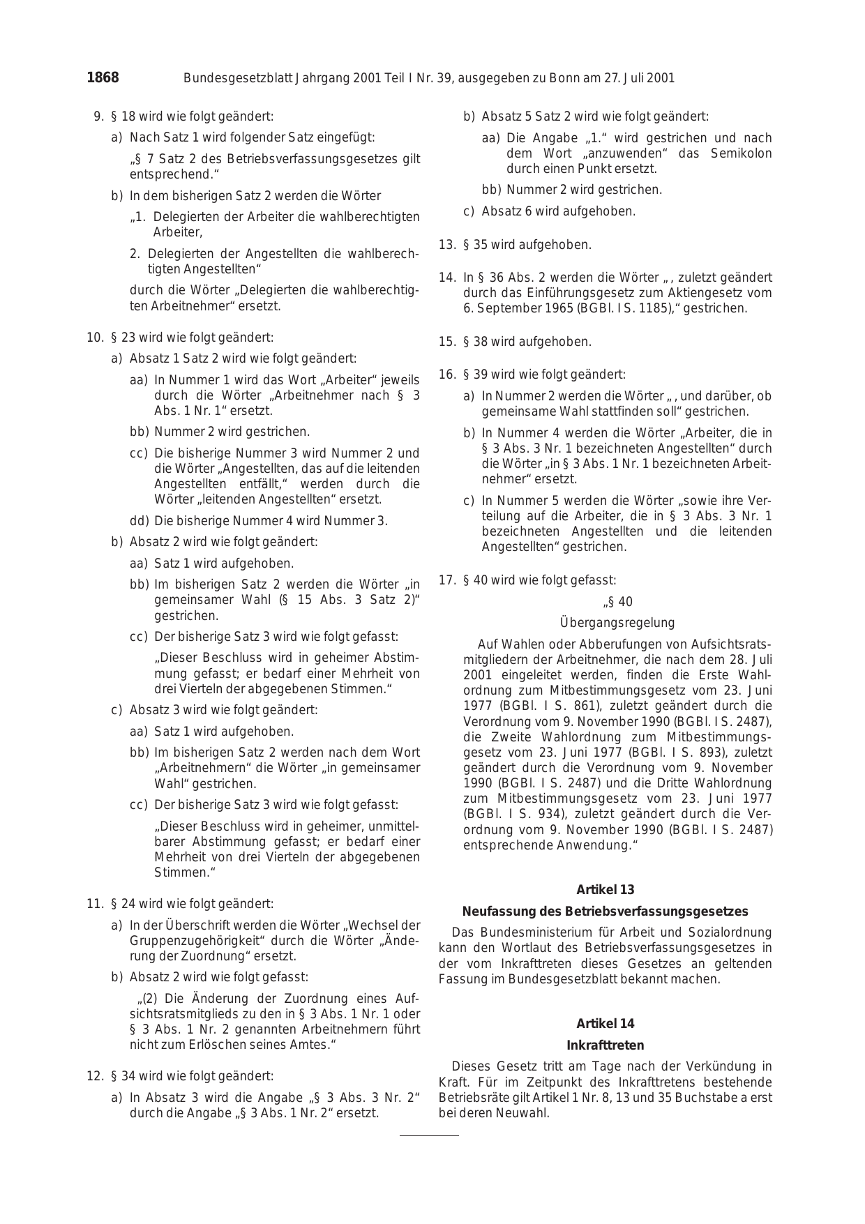 BGBl. 2001, Seite 1868 — Originalseite als Abbildung