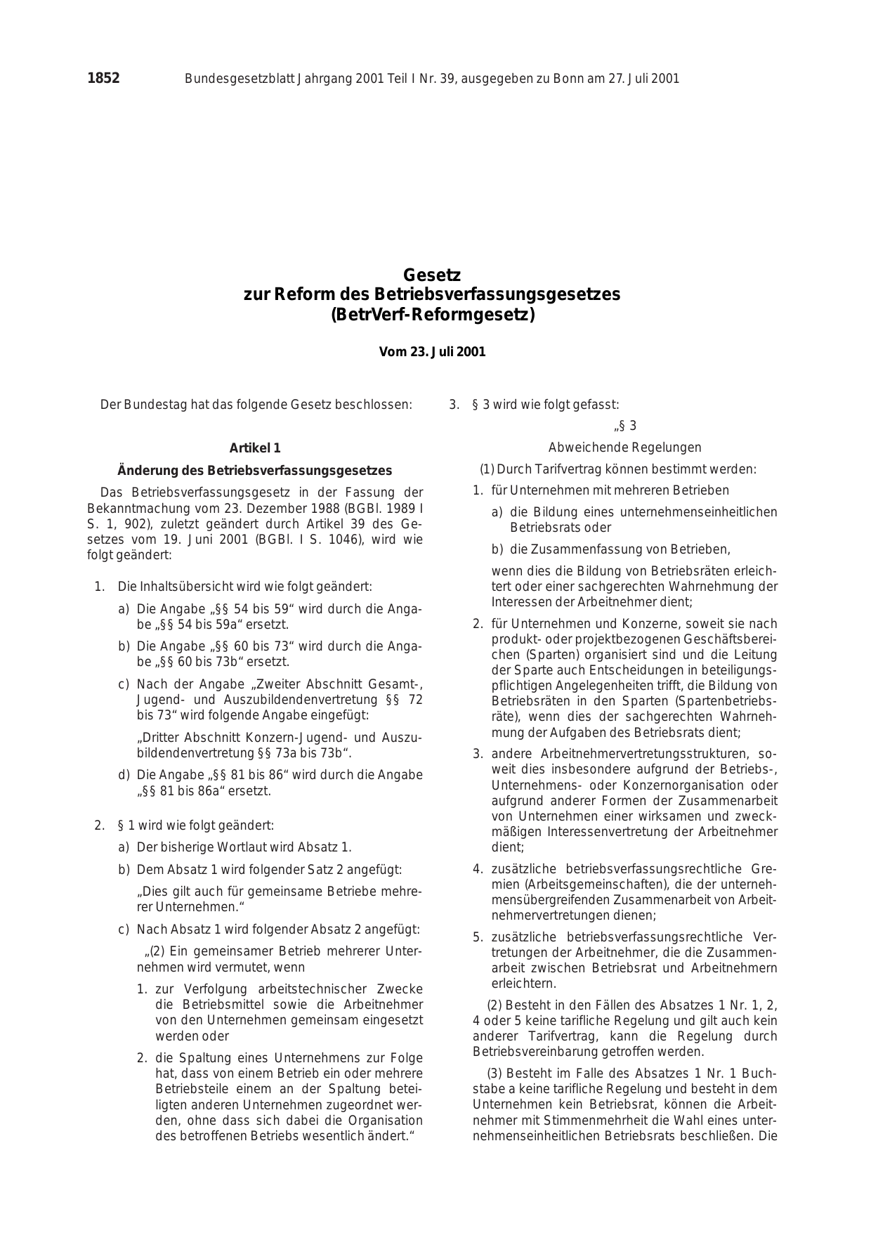BGBl. 2001, Seite 1852 — Originalseite als Abbildung