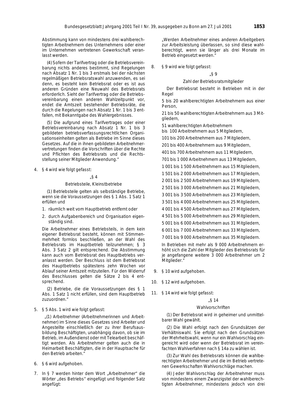 BGBl. 2001, Seite 1853 — Originalseite als Abbildung