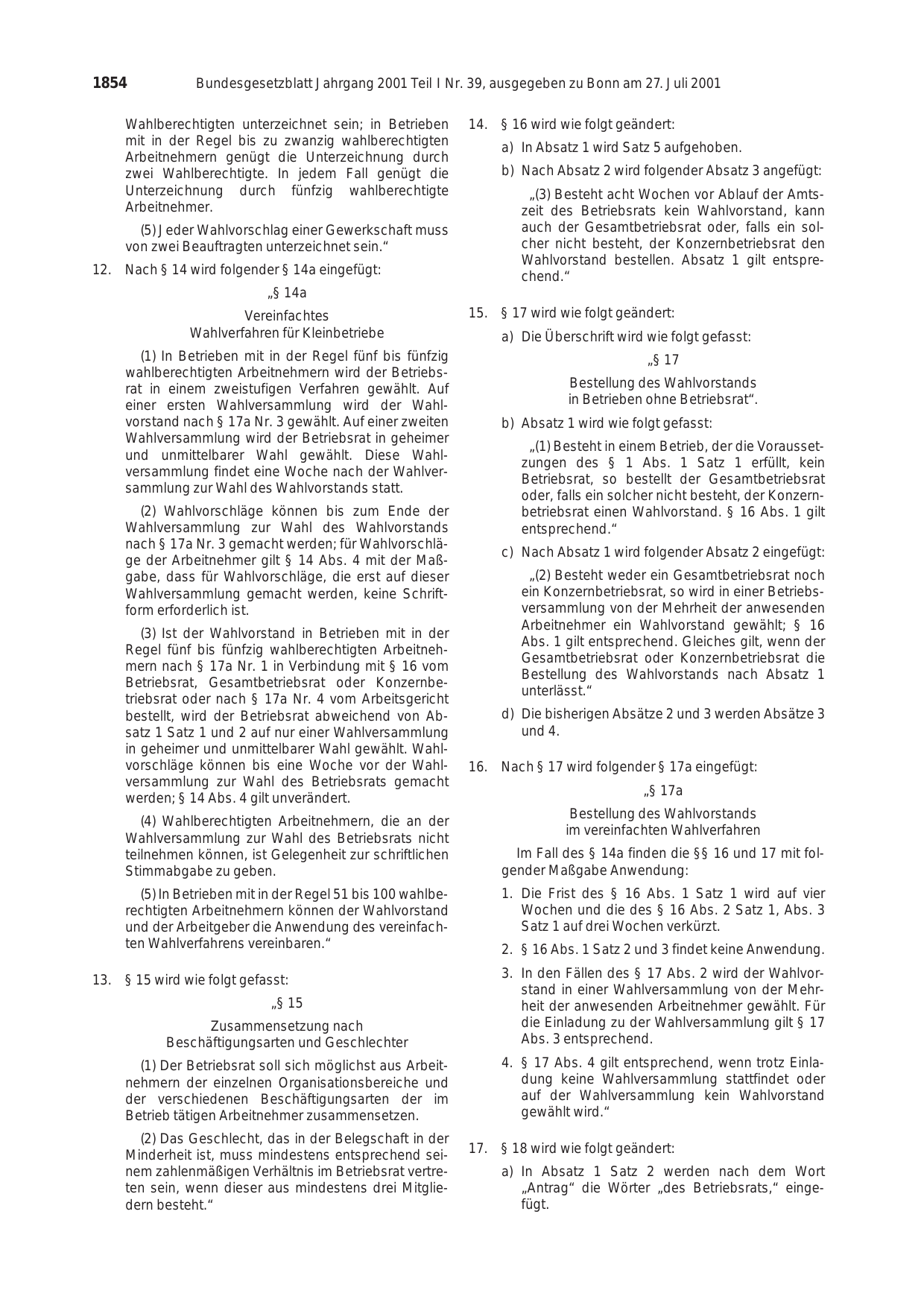 BGBl. 2001, Seite 1854 — Originalseite als Abbildung