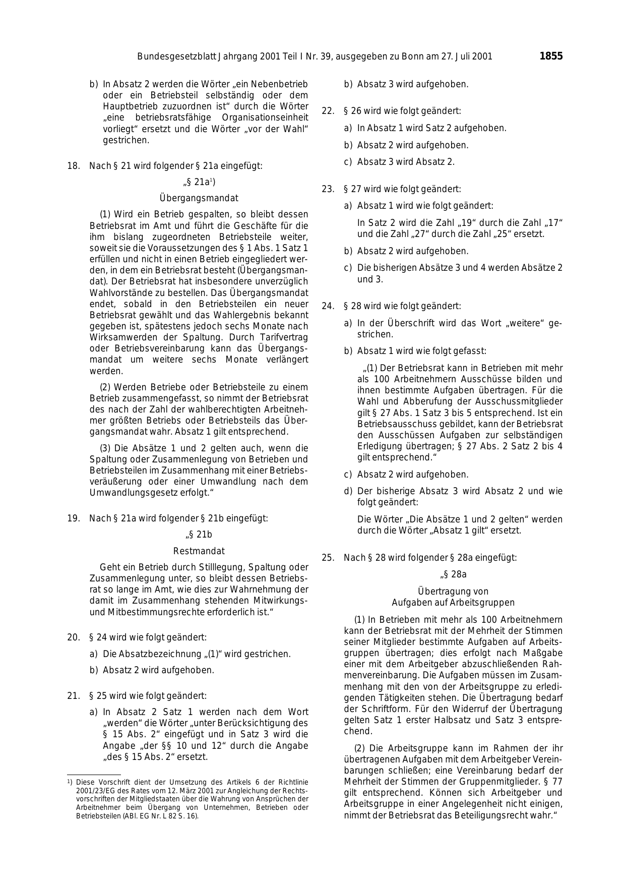 BGBl. 2001, Seite 1855 — Originalseite als Abbildung