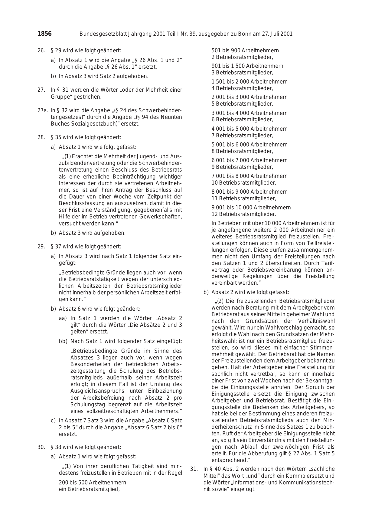 BGBl. 2001, Seite 1856 — Originalseite als Abbildung