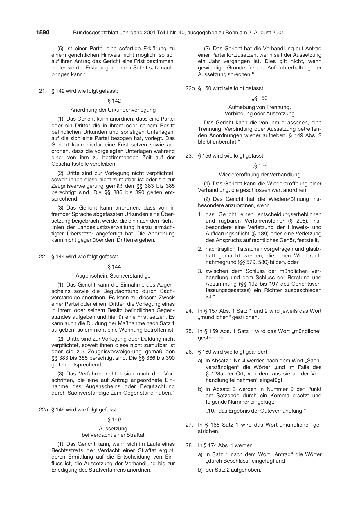 BGBl. 2001, Seite 1890 — Originalseite als Abbildung