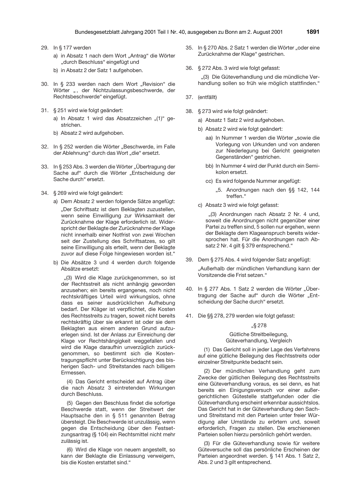 BGBl. 2001, Seite 1891 — Originalseite als Abbildung