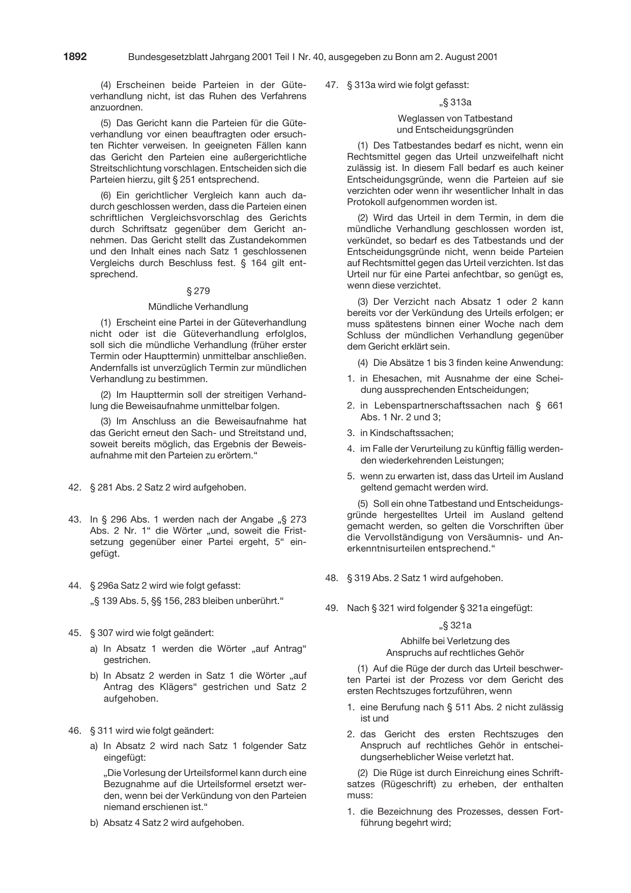 BGBl. 2001, Seite 1892 — Originalseite als Abbildung