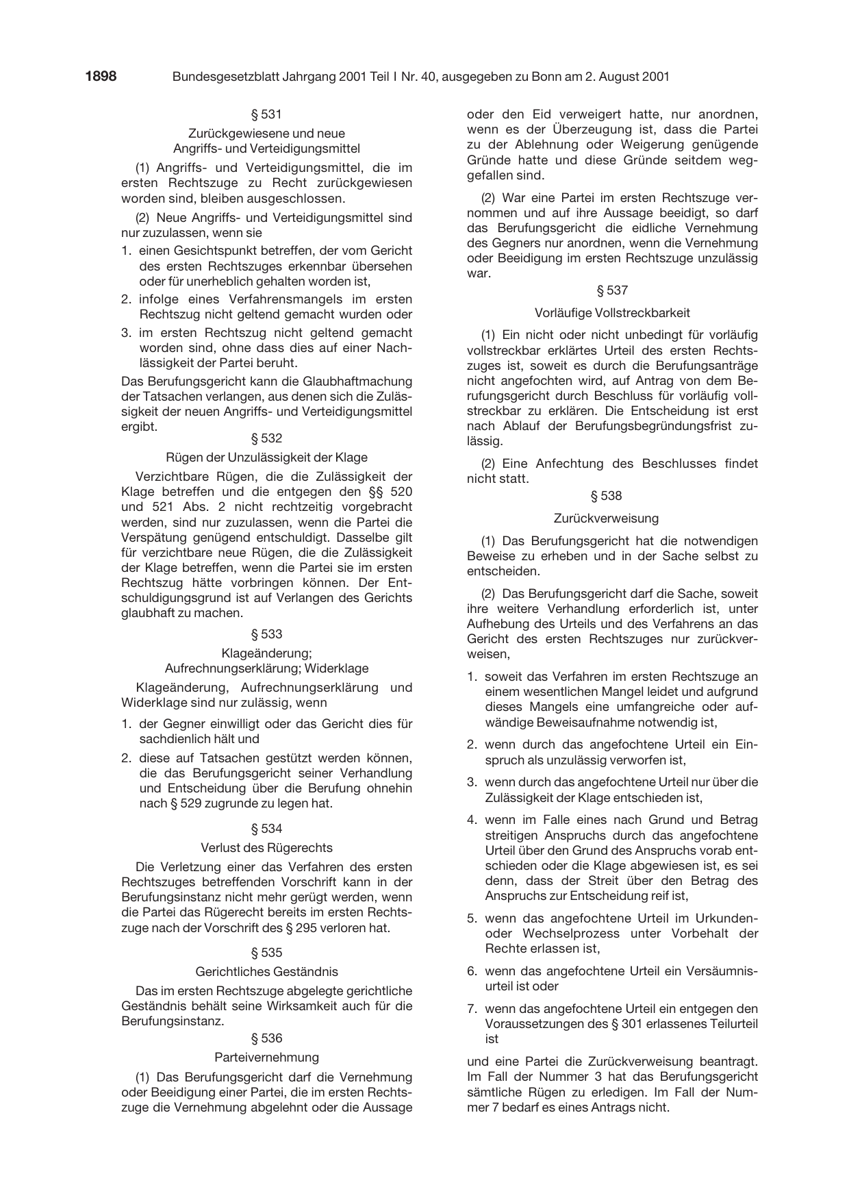 BGBl. 2001, Seite 1898 — Originalseite als Abbildung