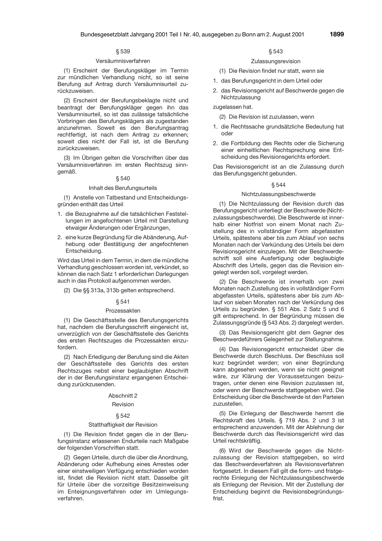 BGBl. 2001, Seite 1899 — Originalseite als Abbildung