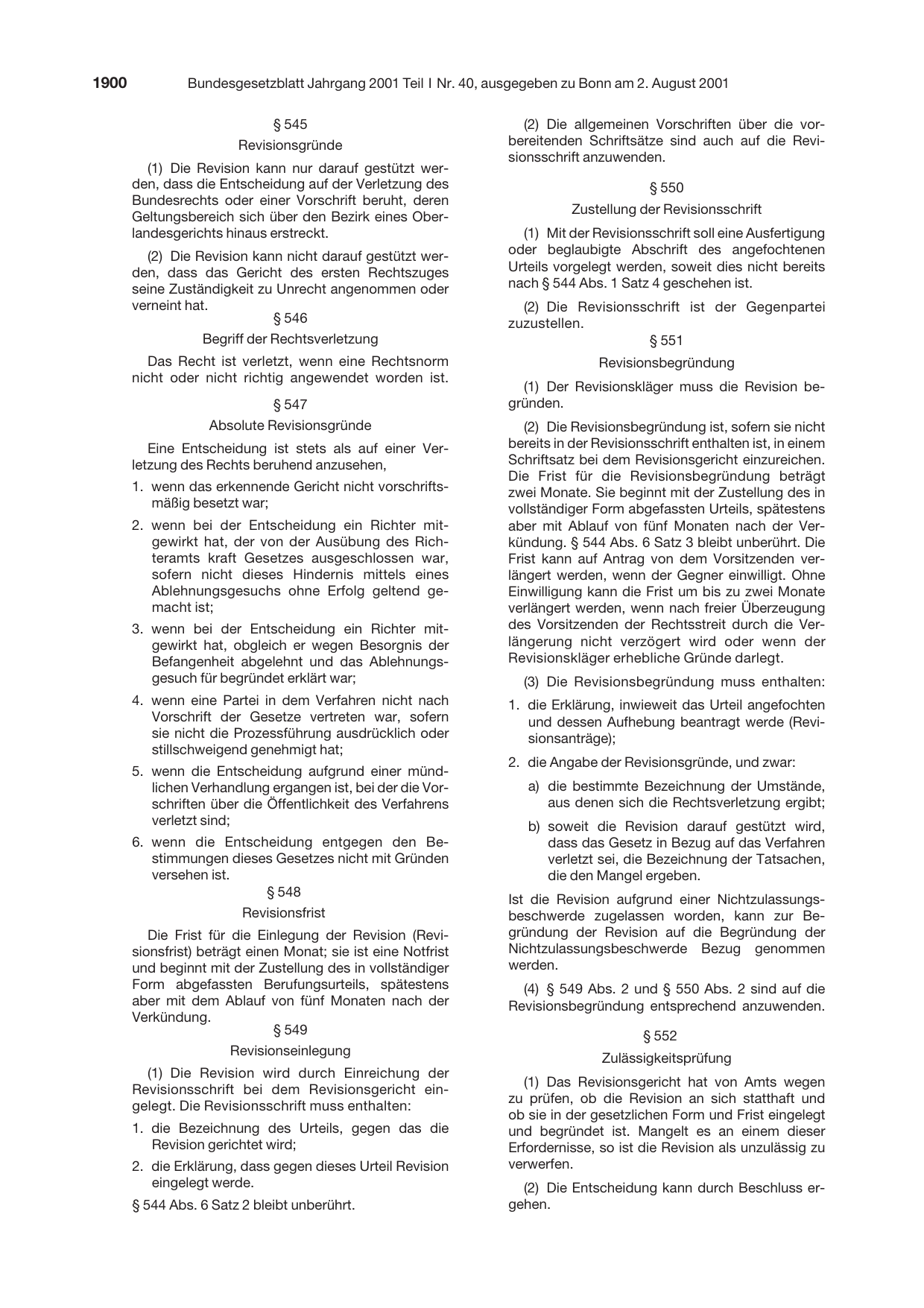 BGBl. 2001, Seite 1900 — Originalseite als Abbildung