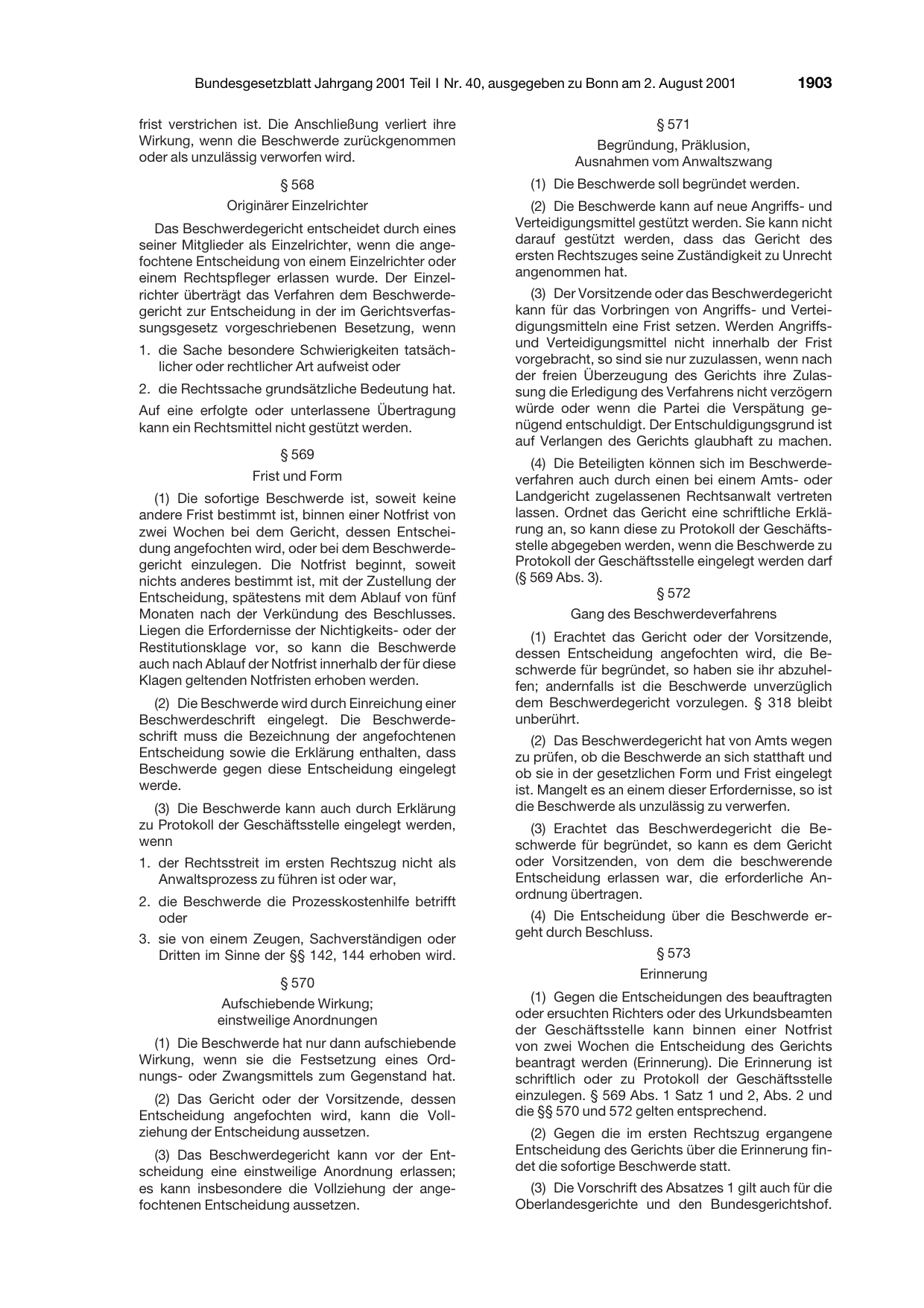 BGBl. 2001, Seite 1903 — Originalseite als Abbildung