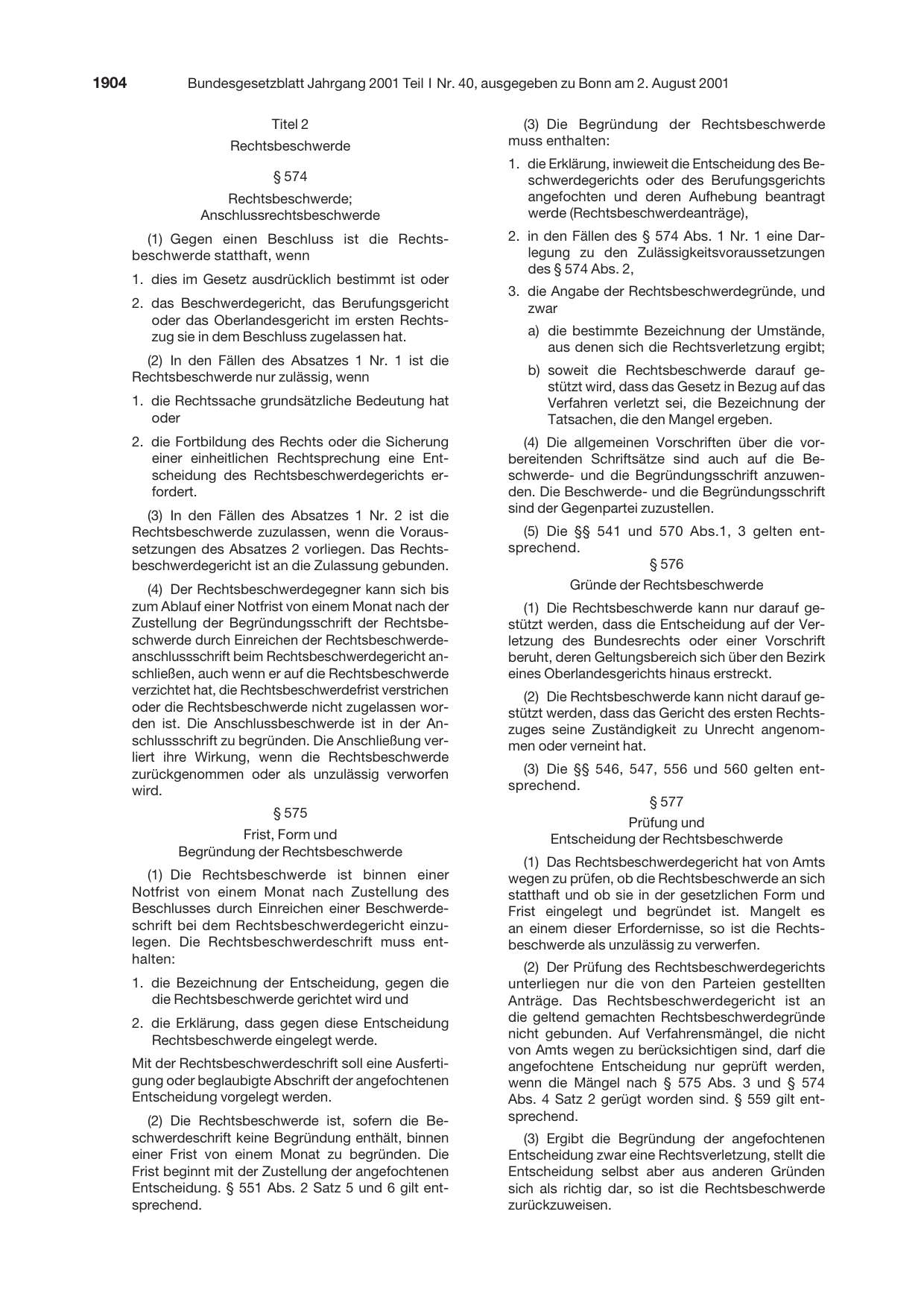 BGBl. 2001, Seite 1904 — Originalseite als Abbildung