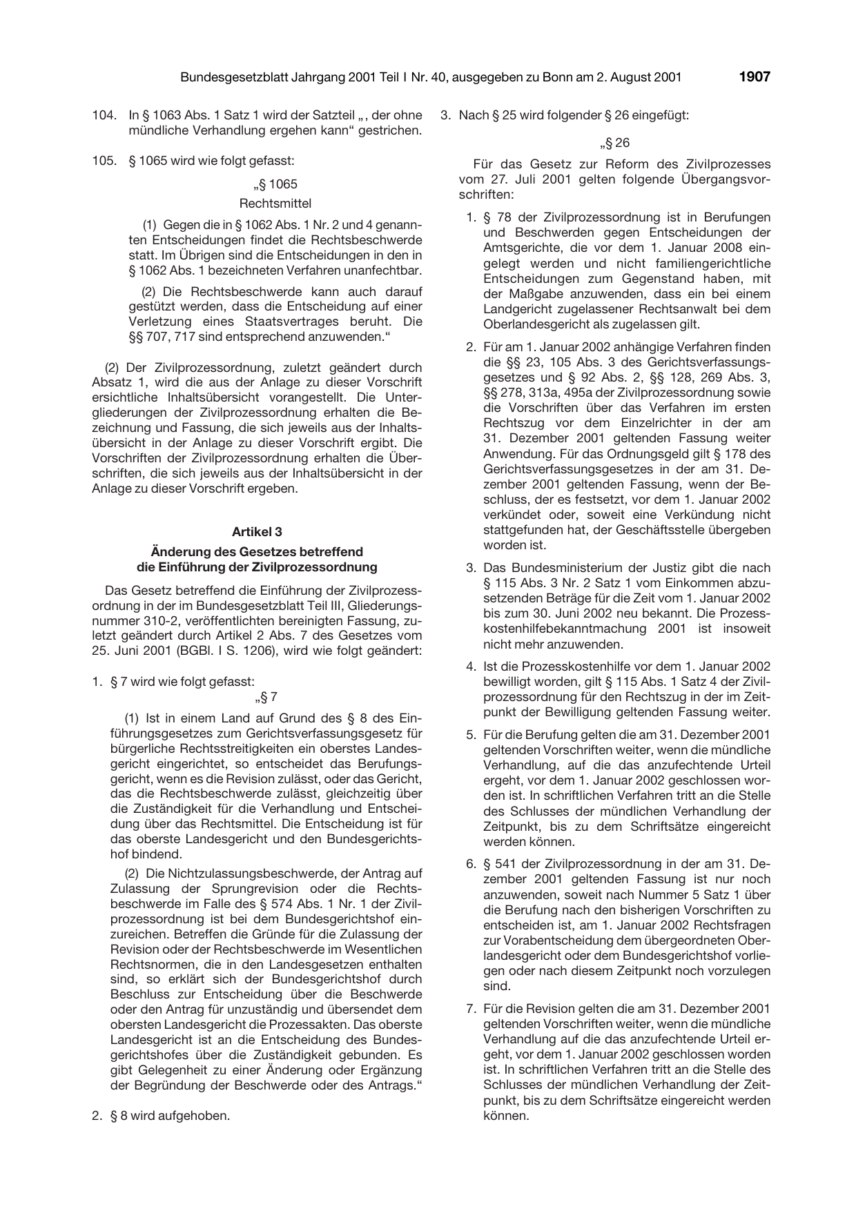 BGBl. 2001, Seite 1907 — Originalseite als Abbildung
