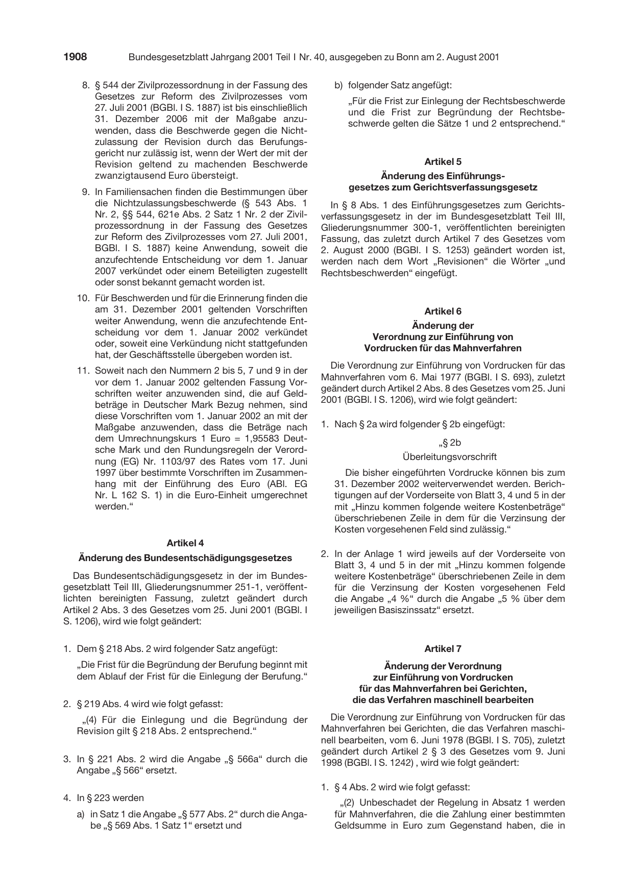 BGBl. 2001, Seite 1908 — Originalseite als Abbildung