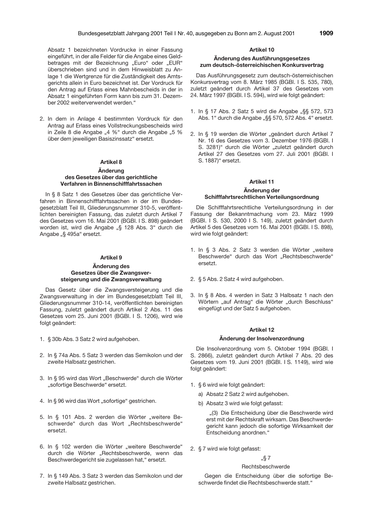 BGBl. 2001, Seite 1909 — Originalseite als Abbildung