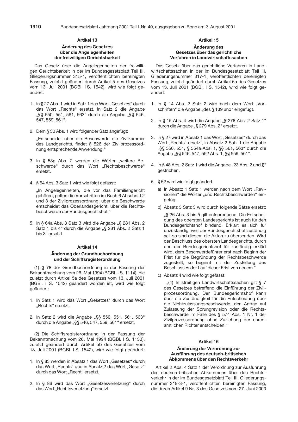 BGBl. 2001, Seite 1910 — Originalseite als Abbildung