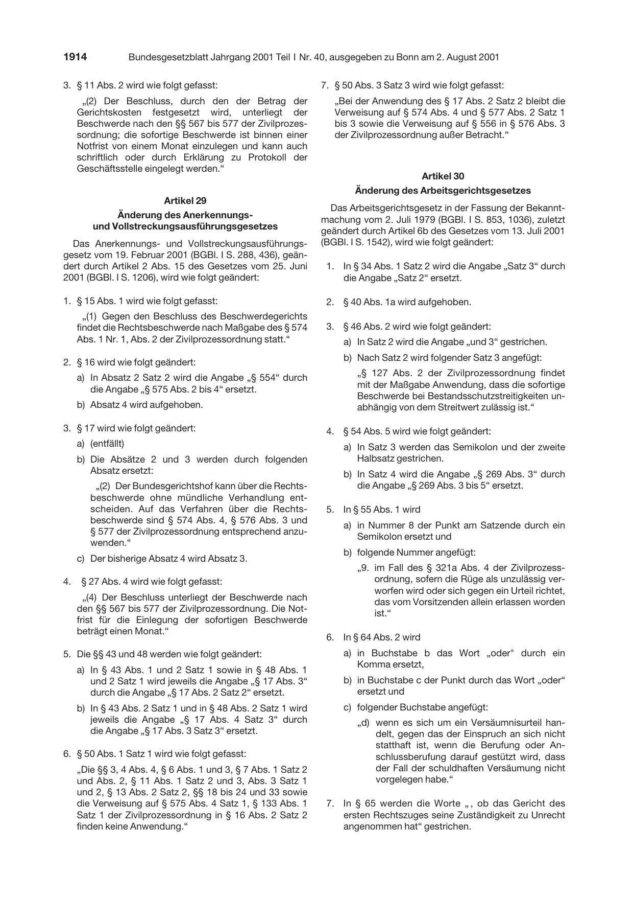 BGBl. 2001, Seite 1914 — Originalseite als Abbildung