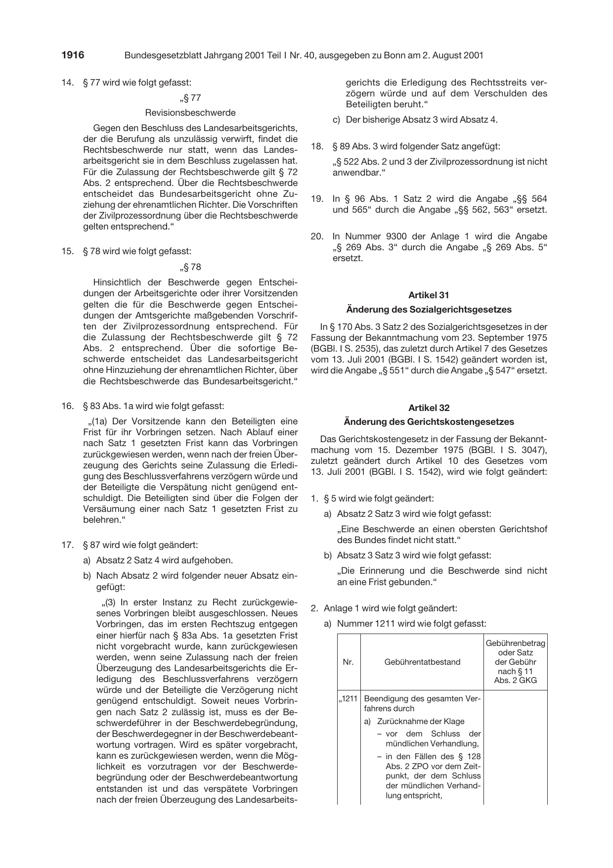 BGBl. 2001, Seite 1916 — Originalseite als Abbildung