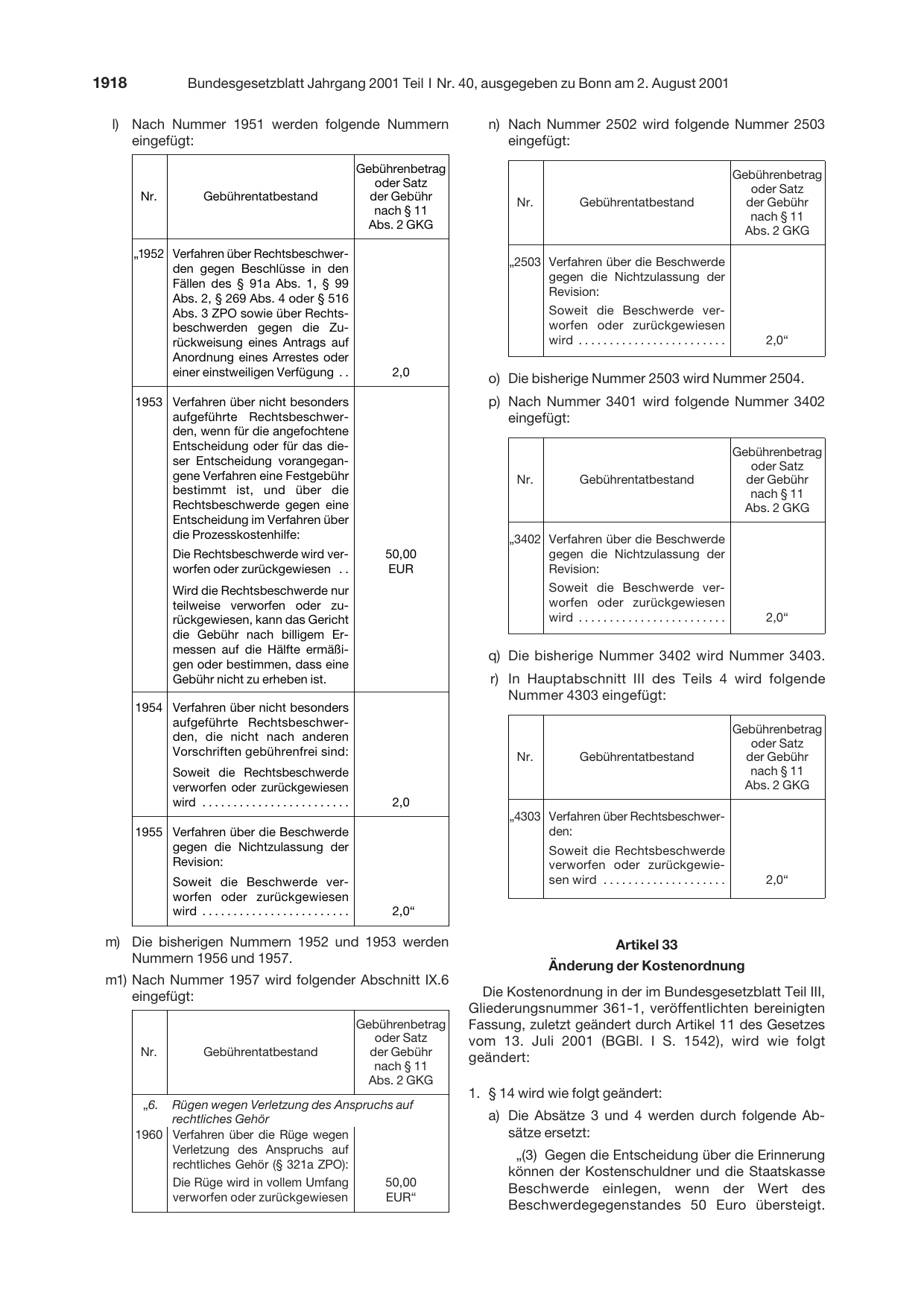 BGBl. 2001, Seite 1918 — Originalseite als Abbildung