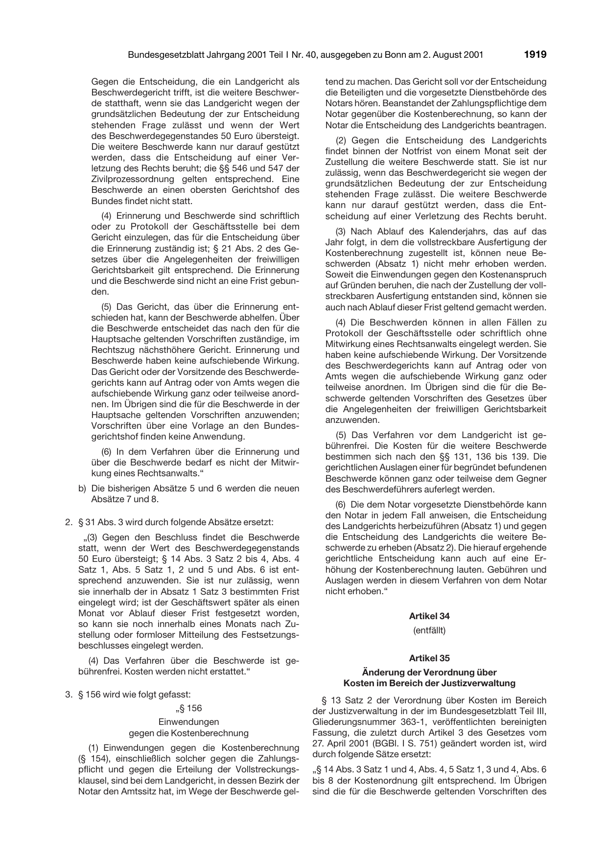 BGBl. 2001, Seite 1919 — Originalseite als Abbildung
