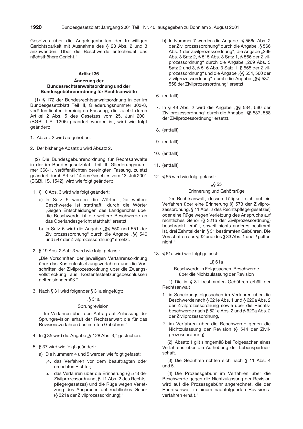 BGBl. 2001, Seite 1920 — Originalseite als Abbildung