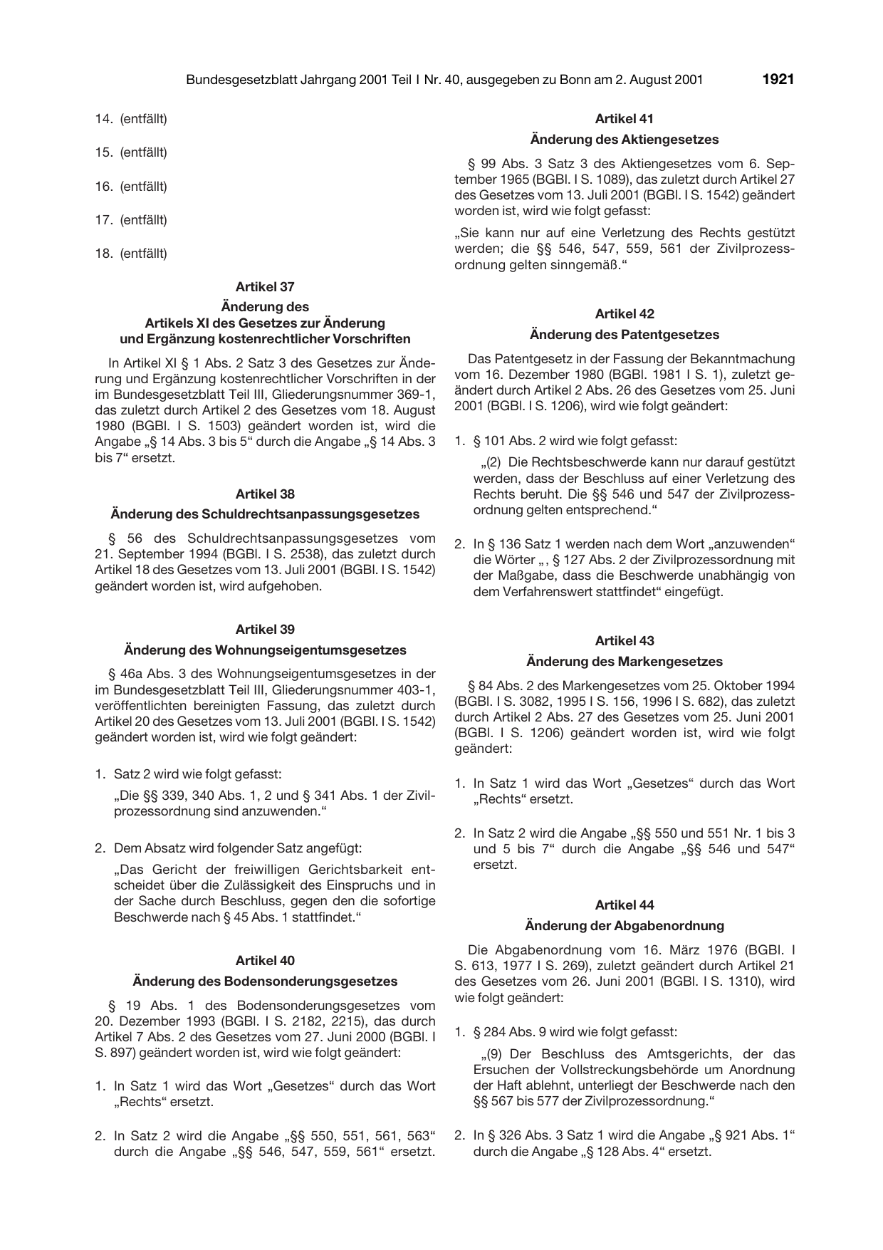 BGBl. 2001, Seite 1921 — Originalseite als Abbildung