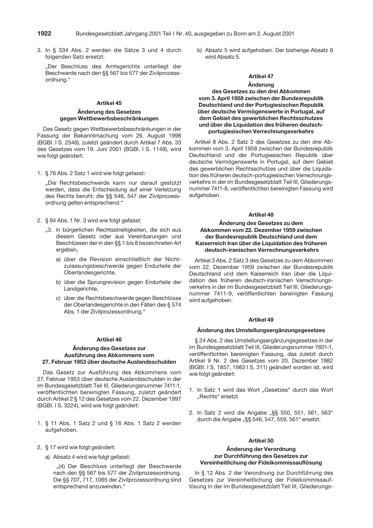 BGBl. 2001, Seite 1922 — Originalseite als Abbildung