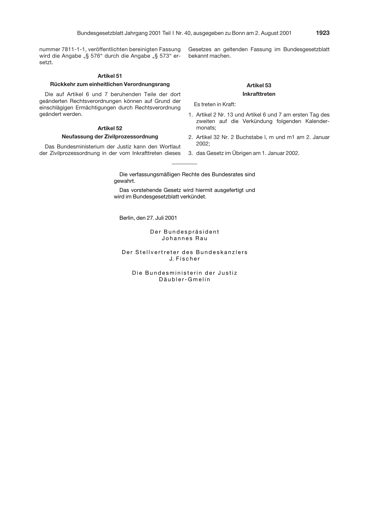 BGBl. 2001, Seite 1923 — Originalseite als Abbildung