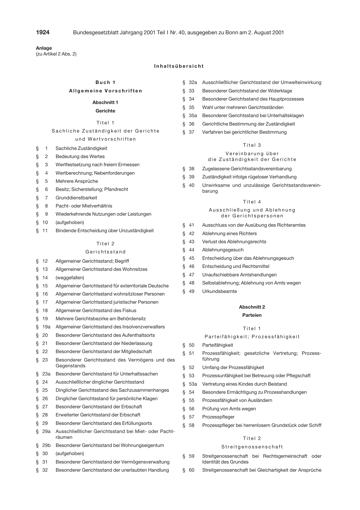 BGBl. 2001, Seite 1924 — Originalseite als Abbildung