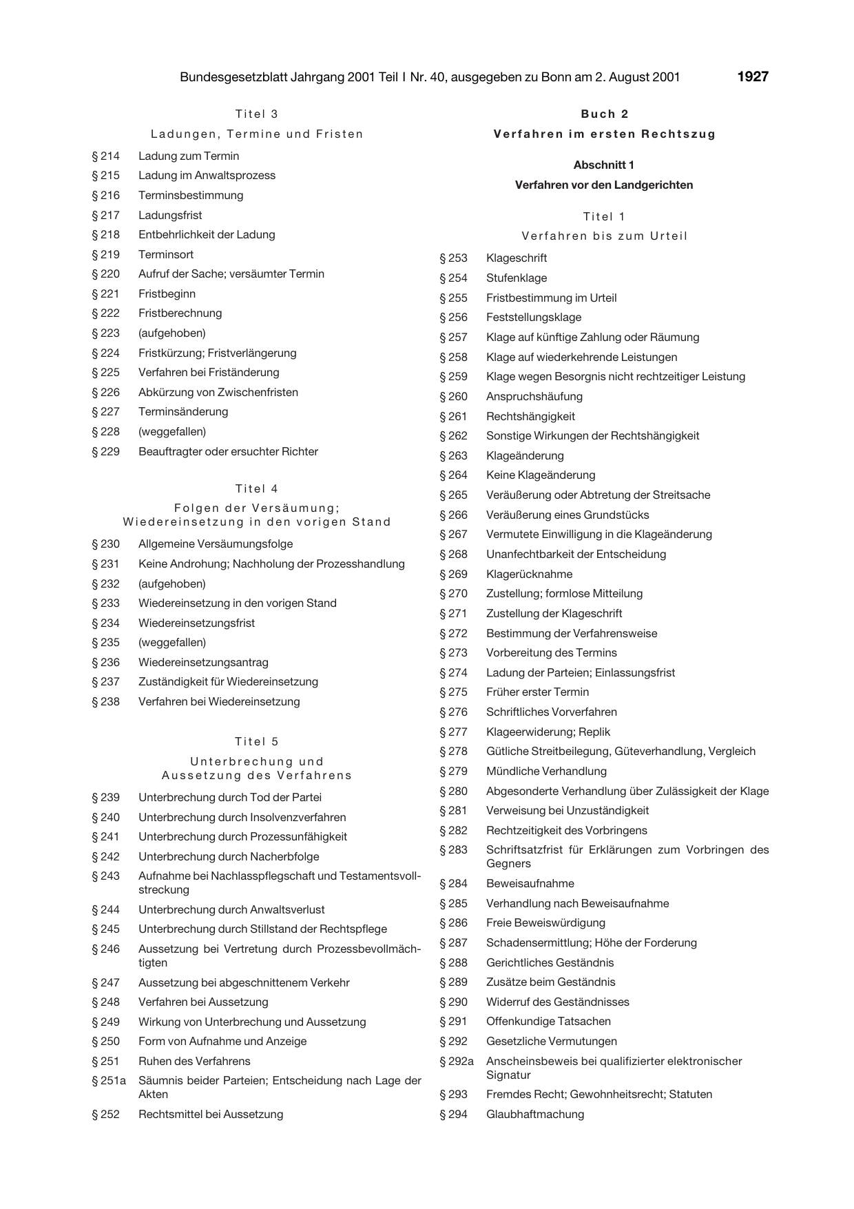 BGBl. 2001, Seite 1927 — Originalseite als Abbildung