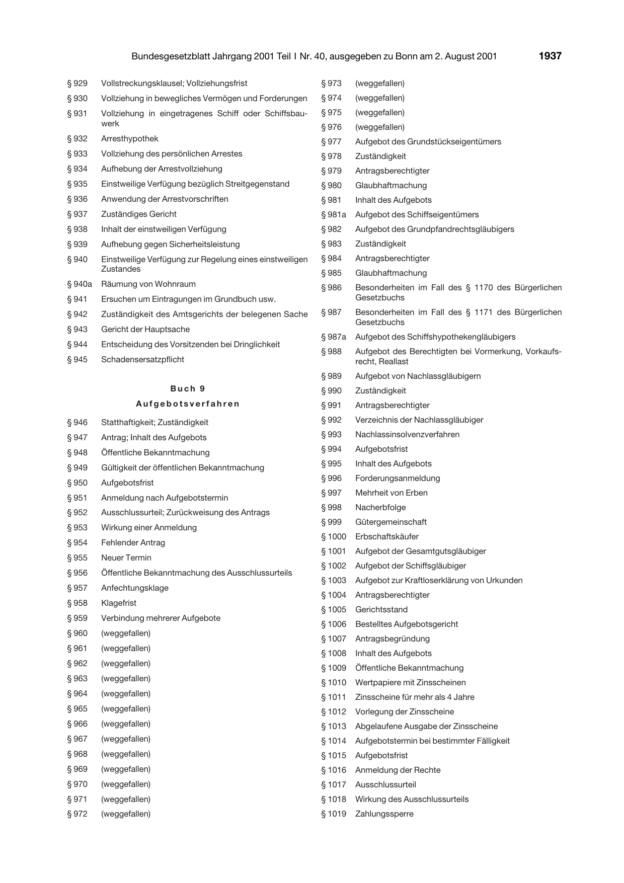 BGBl. 2001, Seite 1937 — Originalseite als Abbildung