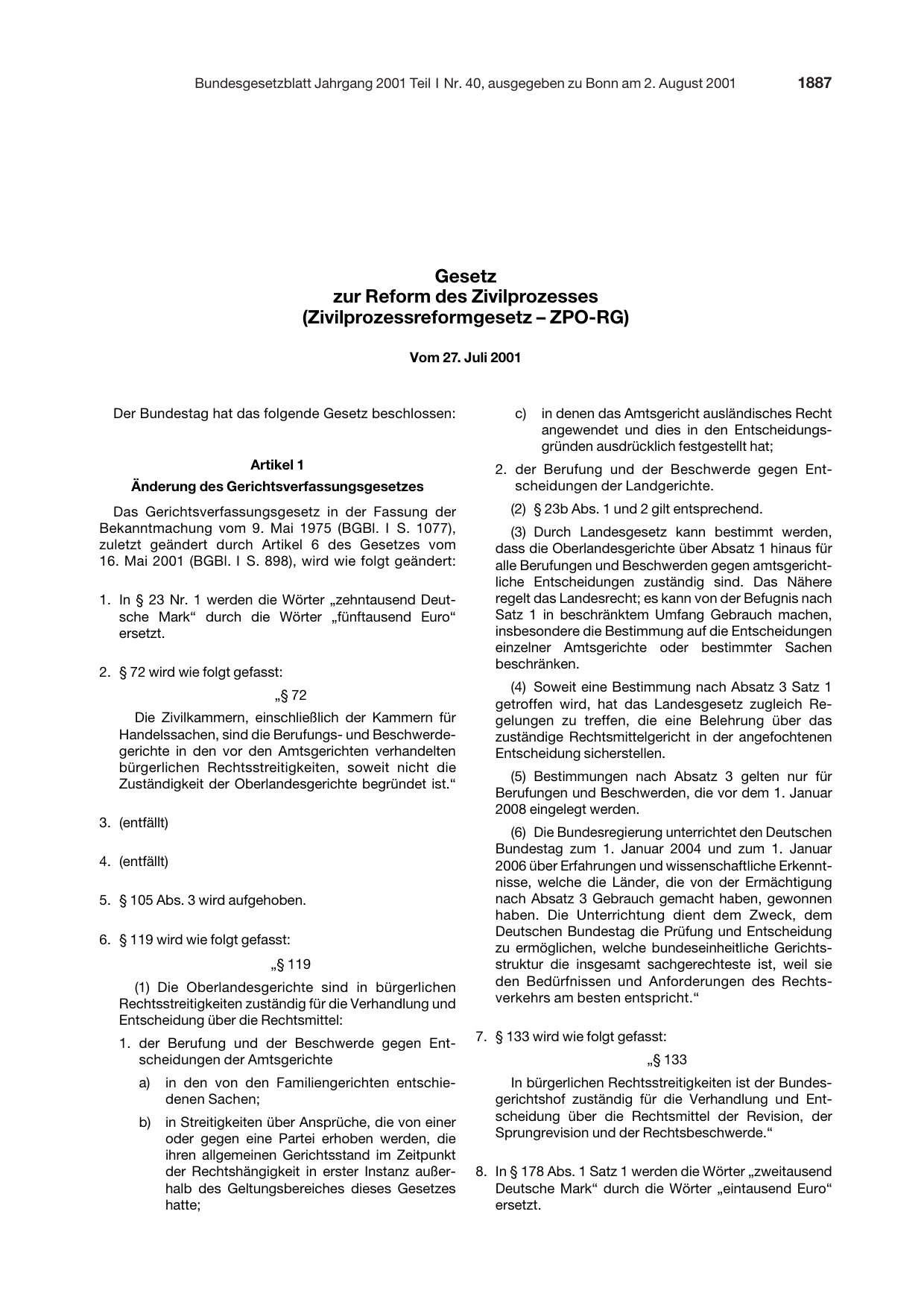 BGBl. 2001, Seite 1887 — Originalseite als Abbildung