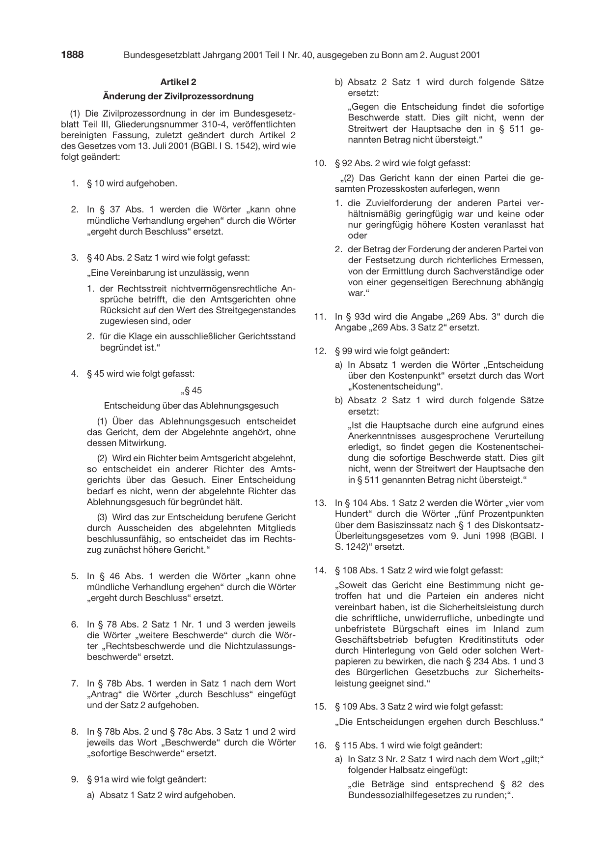 BGBl. 2001, Seite 1888 — Originalseite als Abbildung