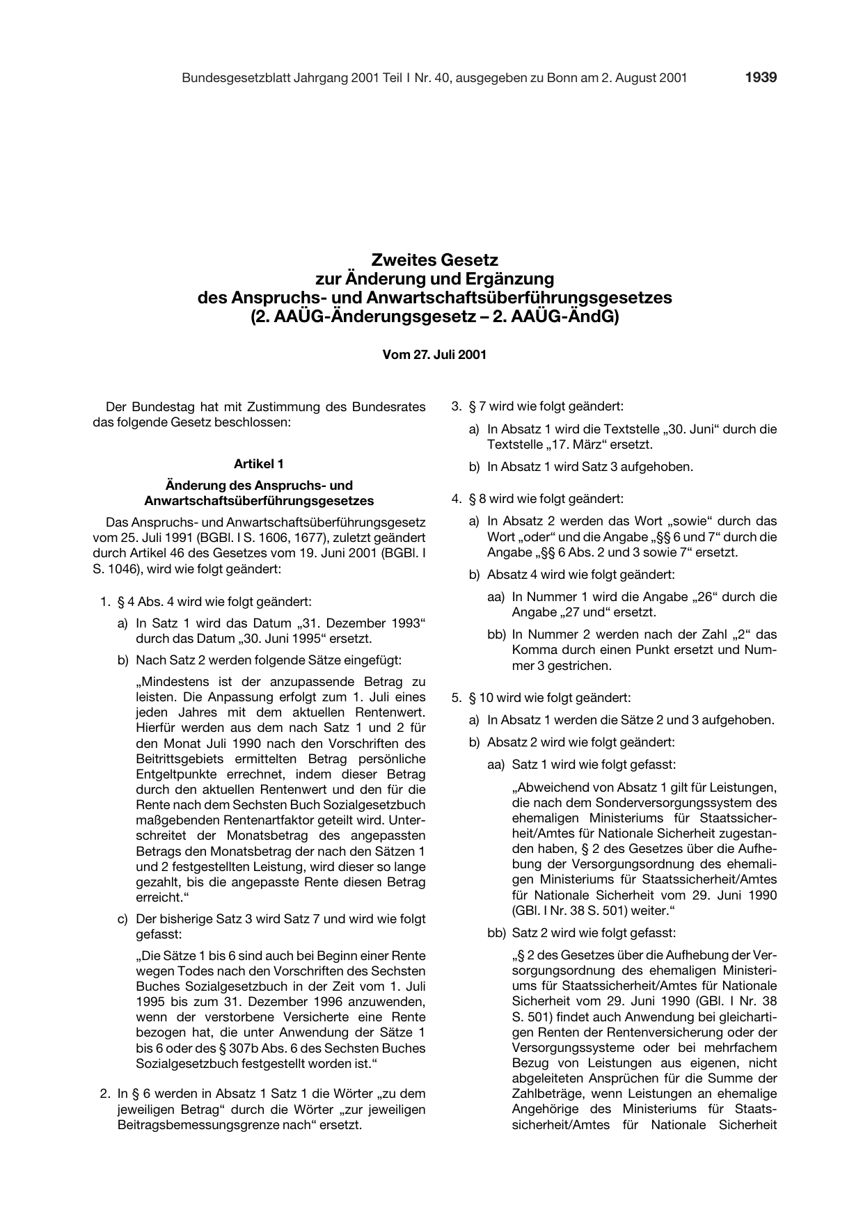 BGBl. 2001, Seite 1939 — Originalseite als Abbildung